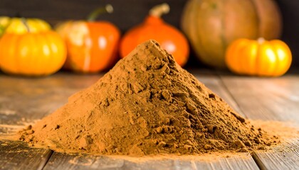 Pile of orange-brown powder on wooden surface with pumpkins in the background