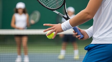 Close-up of tennis player serving during a match with blurred background players