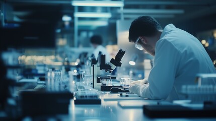 Laboratory with man in the background. Engineers design realistic video electronics for laboratory. A small field of electronic devices is being tested in a shallow field lifestyle of construction. A.