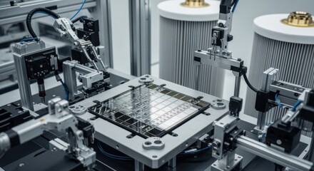 Detail of a solidstate LIDAR wafer mounted in packaging equipment surrounded by cleanroom machinery and controlled atmosphere filters.