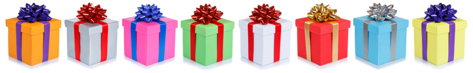 Christmas and birthday gifts presents in a row collection isolated on a white background
