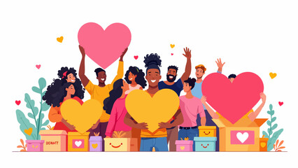 Fototapeta premium Flat vector illustration showing people holding hearts and donation boxes, representing support, kindness, and global solidarity for International Day of Charity