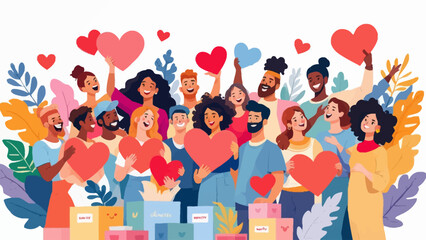 Flat vector illustration showing people holding hearts and donation boxes, representing support, kindness, and global solidarity for International Day of Charity