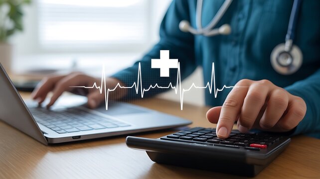 Doctor calculating medical costs with digital health icons and heartbeat monitor