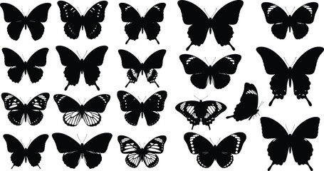 Black Butterfly Silhouette Vector Set with Diverse Wing Shapes and Patterns for Nature, Insect, Wildlife, Decorative, and Artistic Design Projects