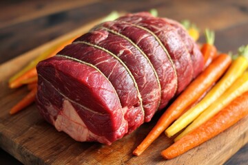 Beef Top Round Roast. Healthy and Colourful Roast Beef with Raw Carrots tied with String