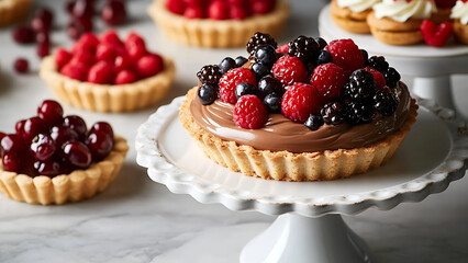 Create a decadent dessert display, featuring indulgent treats like creamy chocolate mousse, delicate pastries, and vibrant fruit tarts, all beautifully presented to evoke a sense of sweetness and luxu