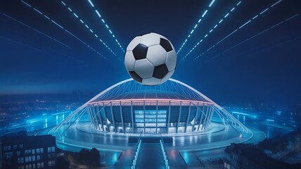 Futuristic soccer stadium and ball displaying vibrant neon lights and stadium atmosphere