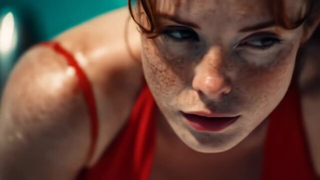 Close-up portrait of a freckled woman in a red swimsuit under sunlight, capturing natural beauty, vintage summer vibes, and authentic outdoor elegance.