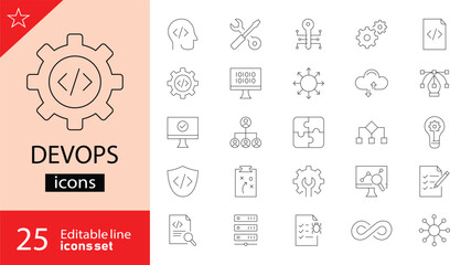 Devops icons set. Includes automation, cloud, code, CI CD, pipeline, and server symbols. Editable stroke. Outline icons. Vector illustration. Perfect for IT, development, and infrastructure projects.
