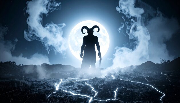 Mystical Full Moon Silhouette of a Horned Demon Unleashing Ethereal Smoke and Lightning