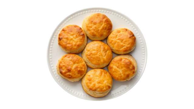 Seven golden brown biscuits arranged in a circle isolated on transparent background