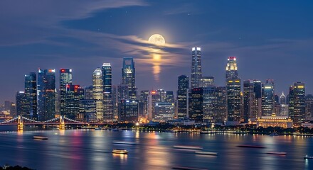 Naklejka premium Shanghai Skyline at Night with Full Moon.