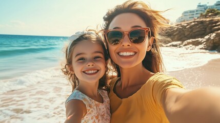 Woman and her daughter on the beach. A mother and daughter taking a selfie in the ocean. A field of waves and sunshine on the beach. A mother and her daughter at the lifestyle seaside.