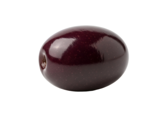 A single, glossy, dark purple olive is highlighted against a pure black background.