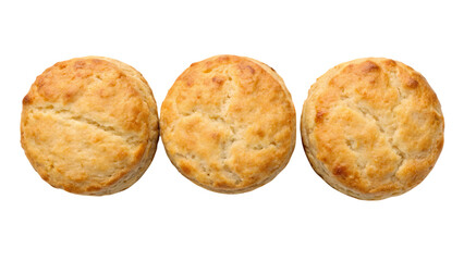 Three golden brown biscuits isolated on transparent background