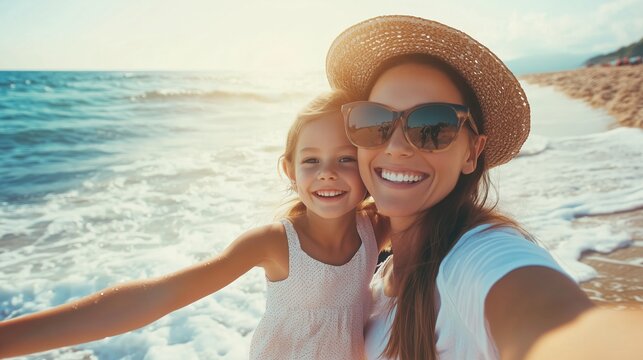 Woman and her daughter on the beach. A mother and daughter taking a selfie in the ocean. A field of waves and sunshine on the beach. A mother and her daughter lifestyle at the seaside.