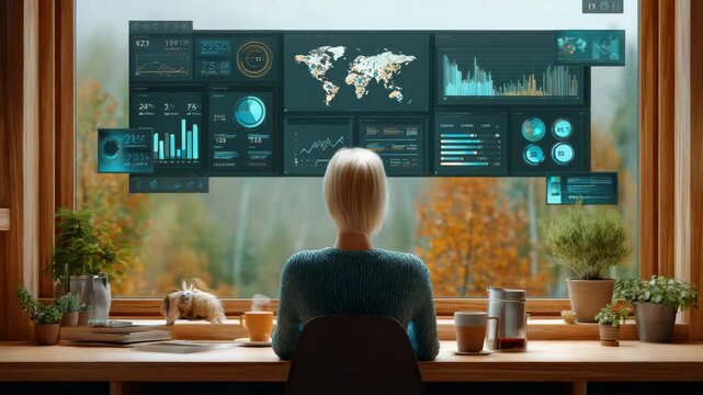 Digital supremacy in cozy workspace with data charts and world map displays showcasing advanced digital technology analysis