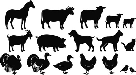 Black silhouette farm and domestic animals including horse, cow, pig, sheep, goat, poultry, and birds isolated on white background illustration