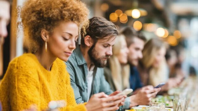 Digital supremacy demonstrated by people using smartphone technology social group settings restaurant enjoying modern digital life