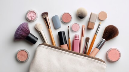 A beautifully arranged collection of makeup items displayed on a clean white background, perfect for beauty enthusiasts.