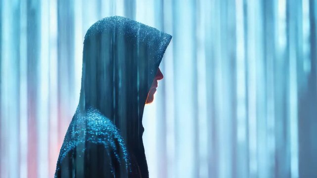 Digital supremacy concept featuring person hooded jacket futuristic blue light with rain creating mysterious intense atmosphere