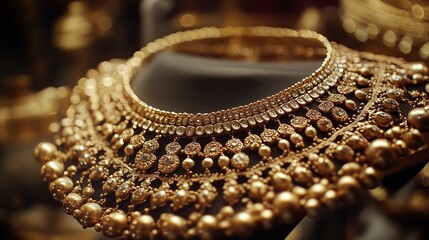 Gold jewellery on display. A beautiful gold necklace is a beautiful reminder of the golden kingdom. A palace in the ancient city of mughal empire with a palace of wealth and splendor. Lifestyle.