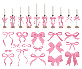 Simple hand drawn candles with pink ribbon bows. Bowknot for decoration, set of pinky bowtie. Retro ribbon. Candlestick. Various cartoon bow knot, gentle gift ribbon. Fire, cozy home, table decor