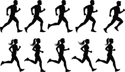 Black silhouette male and female runners in various running stride positions illustrating athletic motion sequence isolated on white background sports illustration