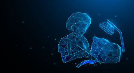 Dentist treating patient, keeping teeth healthy, designed in a techno-graphic style and connected lines.