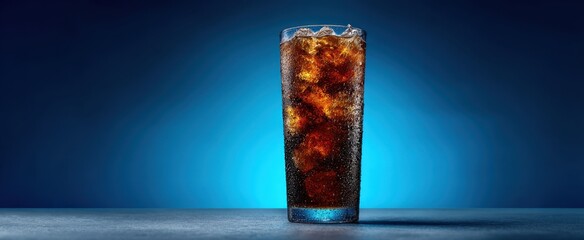 The refreshing glass of cola with ice on a vibrant blue background.