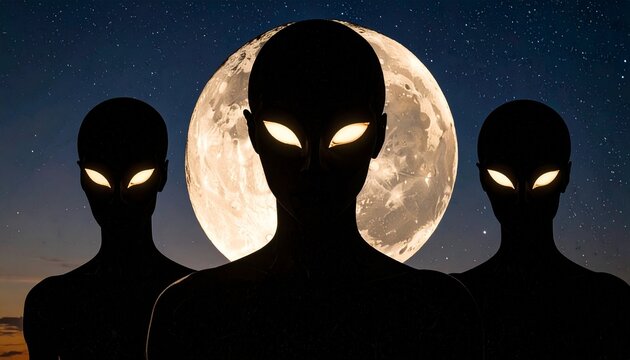 Eerie silhouette of three extraterrestrial beings with glowing eyes standing in front of a large full moon at night