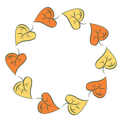 decorative wreath made of hand drawn heart shaped leaves in orange and yellow autumn colors circular botanical frame for seasonal design greeting cards invitations decoration and nature inspired