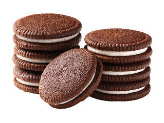Cocoa cookies stacked with one turned to display cream layer, classic snack style, isolated on transparent background.
