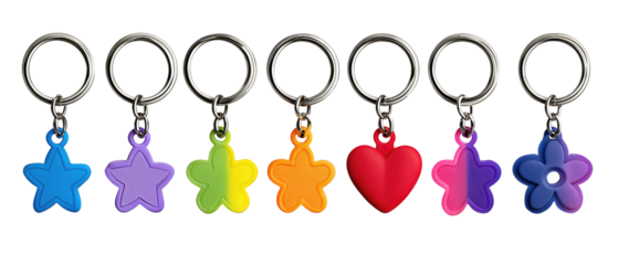 Row of colorful silicone and metal keychains shaped as star, flower and heart, evenly spaced, isolated on transparent background.
