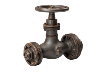 Cast metal industrial gate valve with handwheel and flange ends, subtle patina finish, isolated on transparent background.
