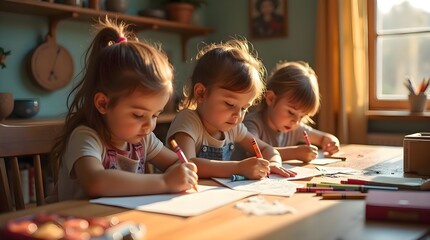 Three young girls sitting together at a table engaged in writing and drawing activities, creating a playful and educational atmosphere in a lifestyle learning environment