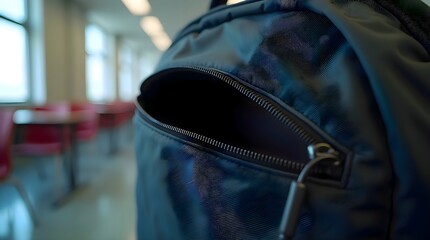 Close up of a backpack with its zipper open, showing detail of travel or school gear symbolizing education, lifestyle, or adventure equipment