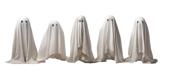 Cute fabric ghosts styled with simple eye holes and flowing sheet forms, lined in a row, isolated on transparent background.
