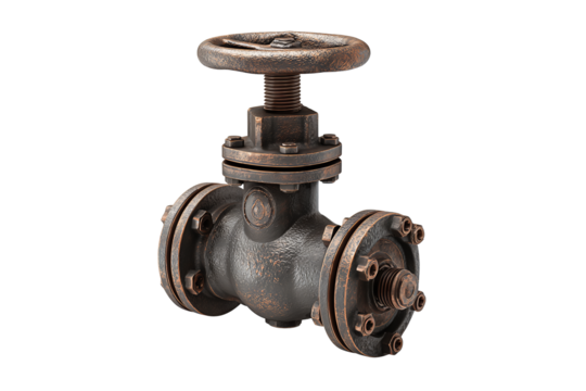 Industrial valve component with robust handwheel and cast body, worn metallic look, isolated on transparent background.
