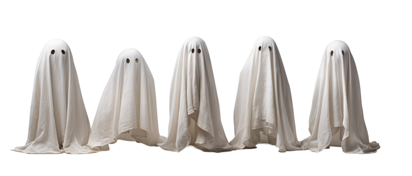 Cute fabric ghosts styled with simple eye holes and flowing sheet forms, lined in a row, isolated on transparent background.
