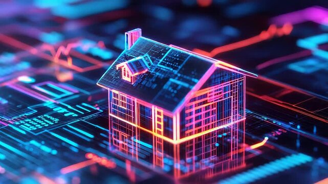 Glowing hologram of a house symbolizing smart home technology and innovation
