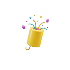 A yellow party popper explodes colorful confetti and balls