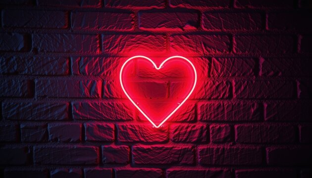 A neon red heart sign glowing against dark brick wall, faint light reflecting on uneven surface - Powered by Adobe