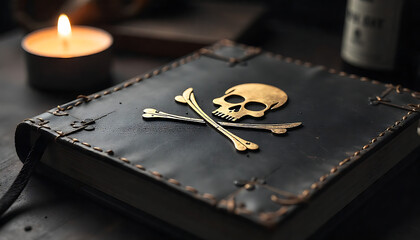 A close-up of a leather-bound book with a skull and crossed bones on its cover, a lit candle in the background