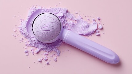 A scoop of lavender ice cream with a sprinkle of pastel purple powder on a soft pink surface, evoking sweetness.