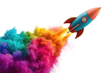 Creative rocket illustration leaving vivid splashes of paint as exhaust trail, isolated on transparent background.
