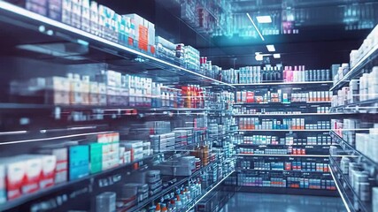 Long shelves displaying products in modern pharmacy or drugstore