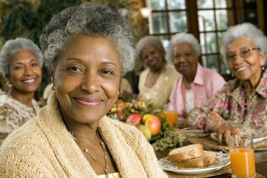 Senior women enjoy a joyful gathering at a dining table with healthy food and drinks in a cozy home setting