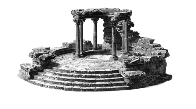 Historic rotunda engraving showing crumbling stone columns and stairway remains, rich texture, isolated on transparent background.
